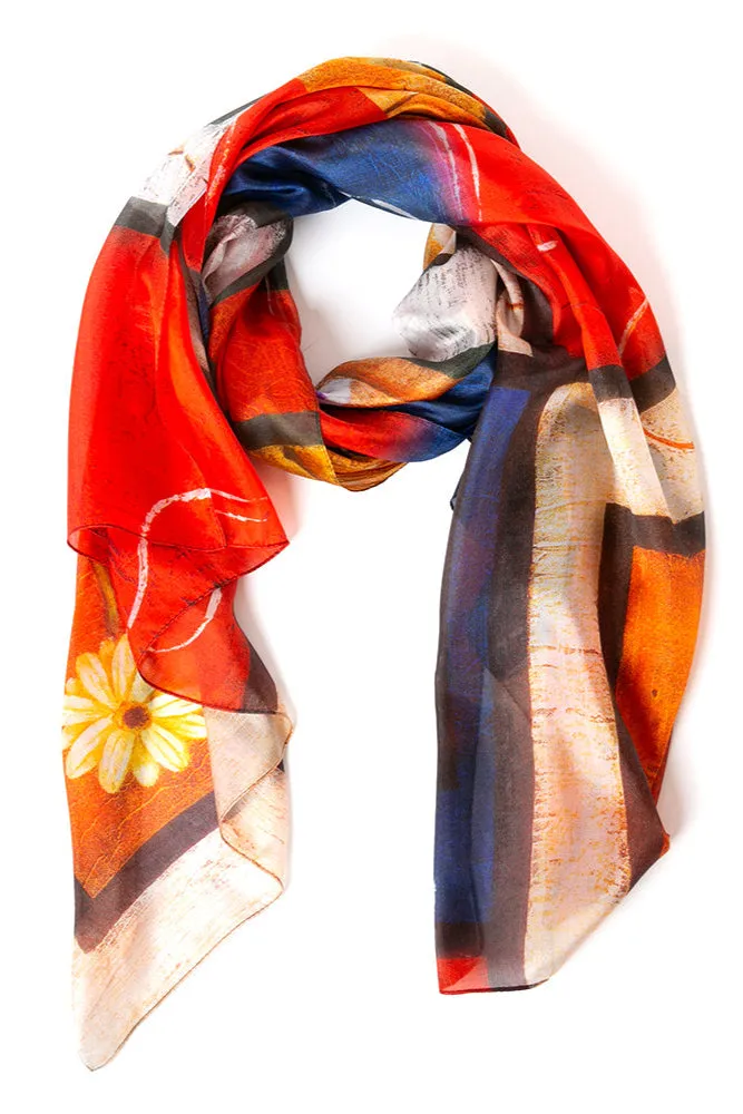 Flower Print Red Silk Scarf
