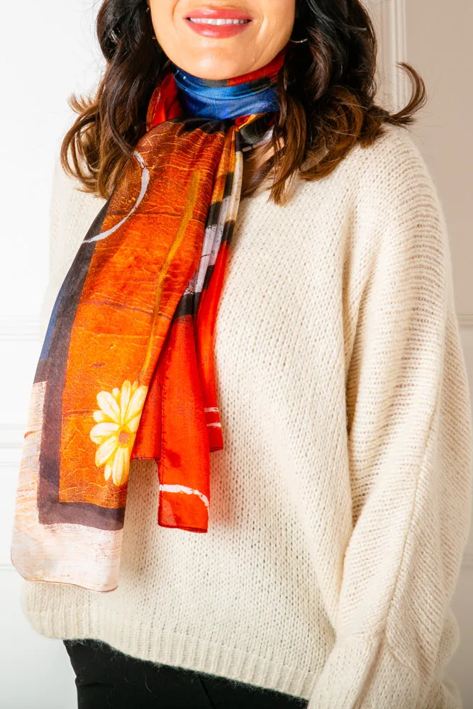 Flower Print Red Silk Scarf
