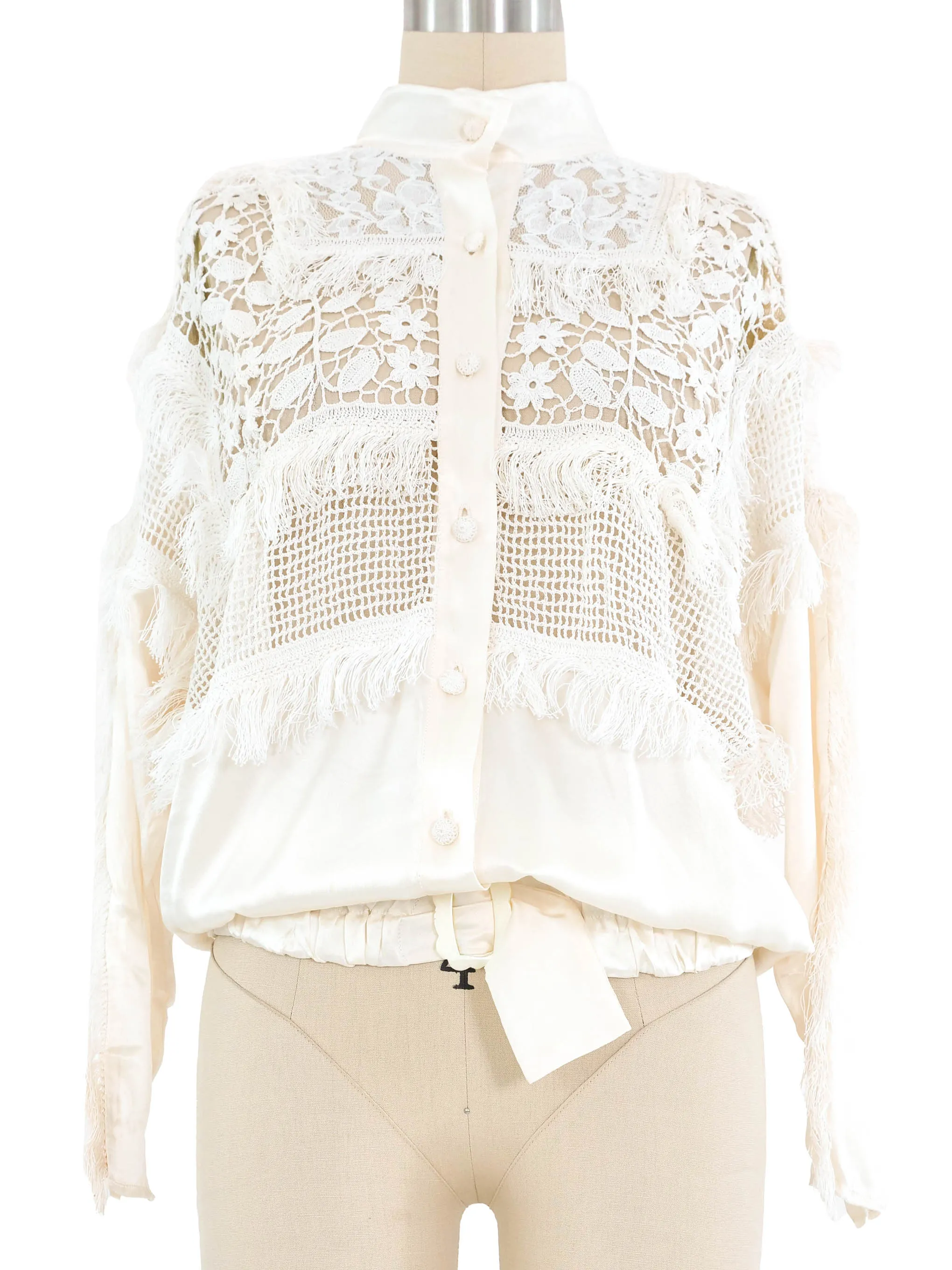 Ivory Silk Crochet Fringe Blouse