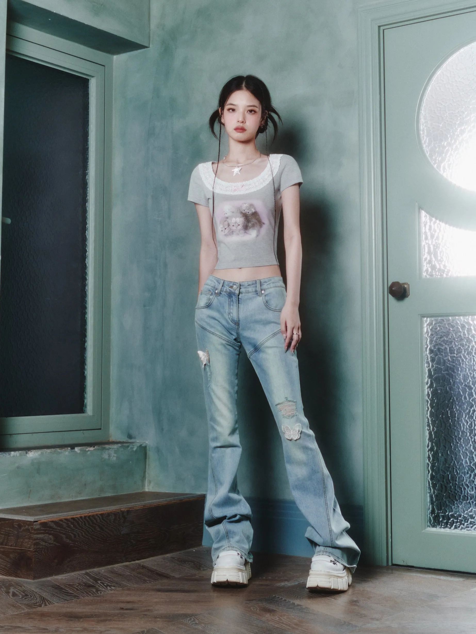 Kitten Print Lace Edge Short T-shirt