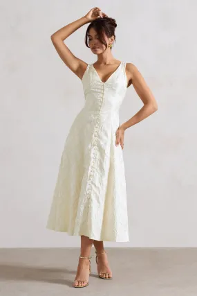 Mona | Ecru Jacquard Plunge-Neck Button Midi Dress
