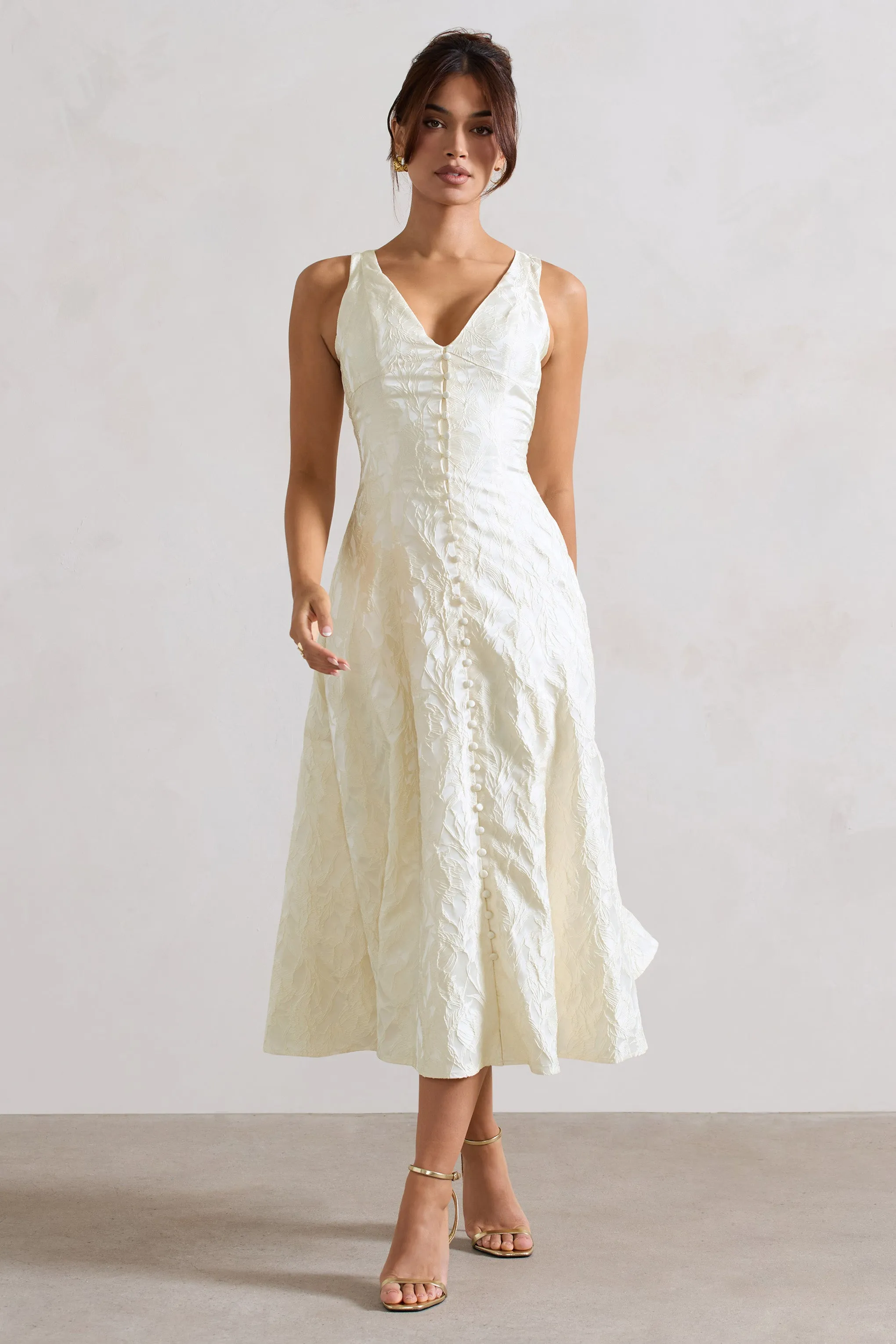 Mona | Ecru Jacquard Plunge-Neck Button Midi Dress