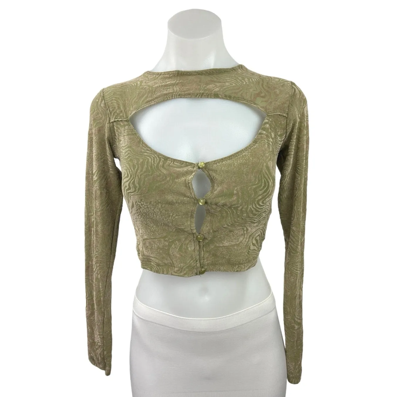 MOTEL Women's Green Abstract Pattern Long Sleeve Cut Out Front Crop Blouse Top S