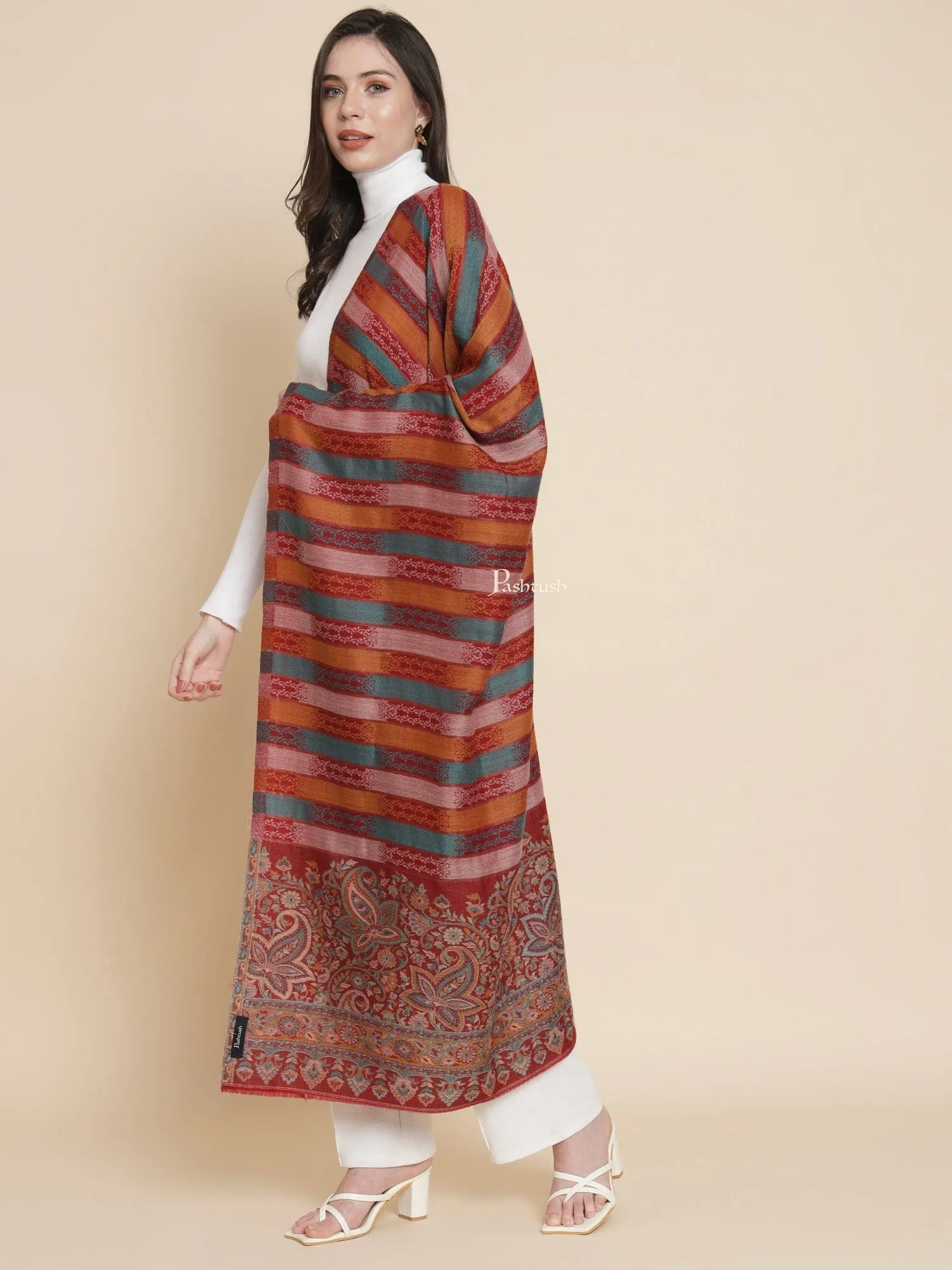 Pashtush Womens, Extra Fine Wool, Striped Paisley Palla Woven, Maroon