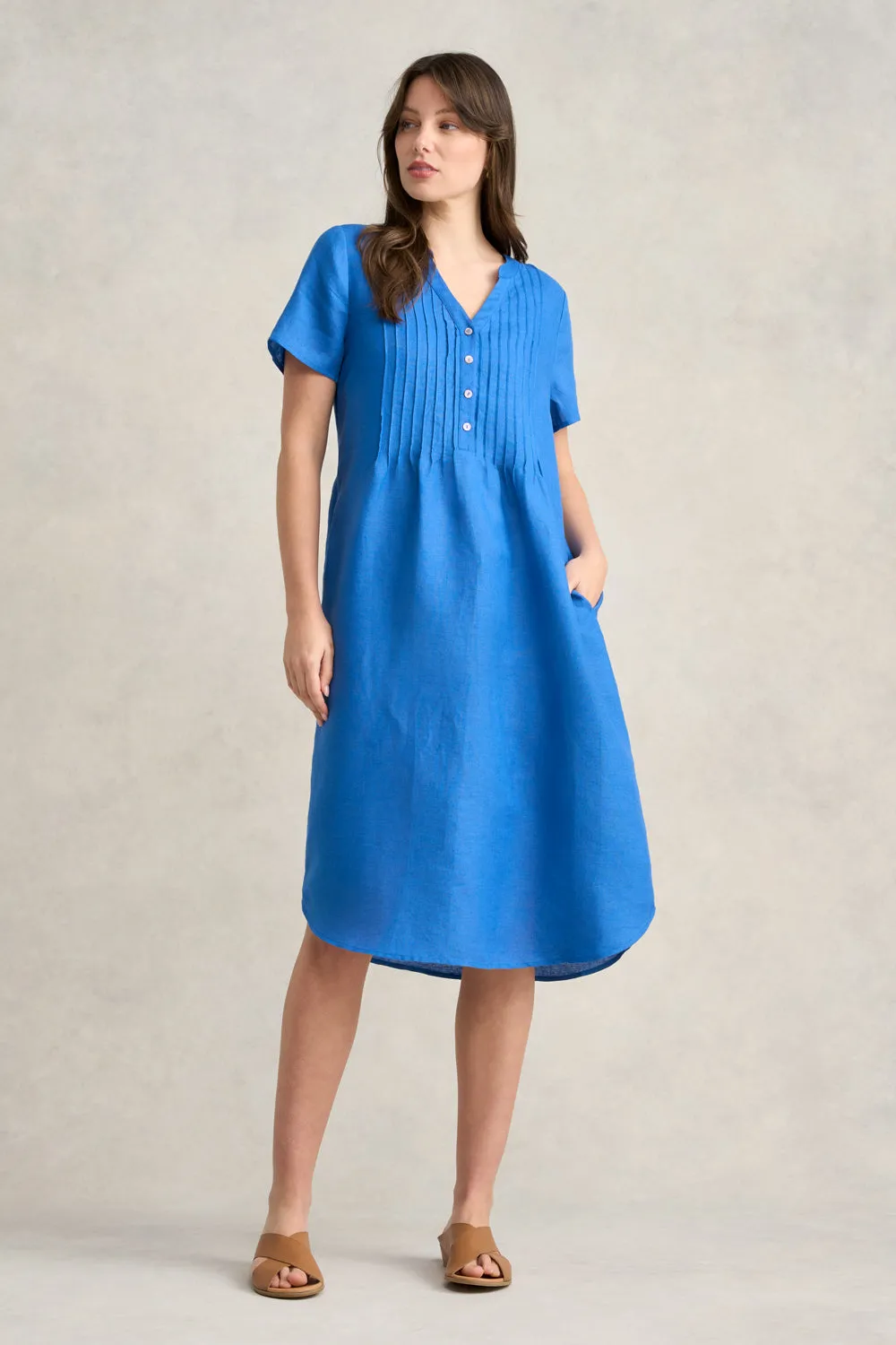 Pleated Front French Linen Dress - Indigo Blue