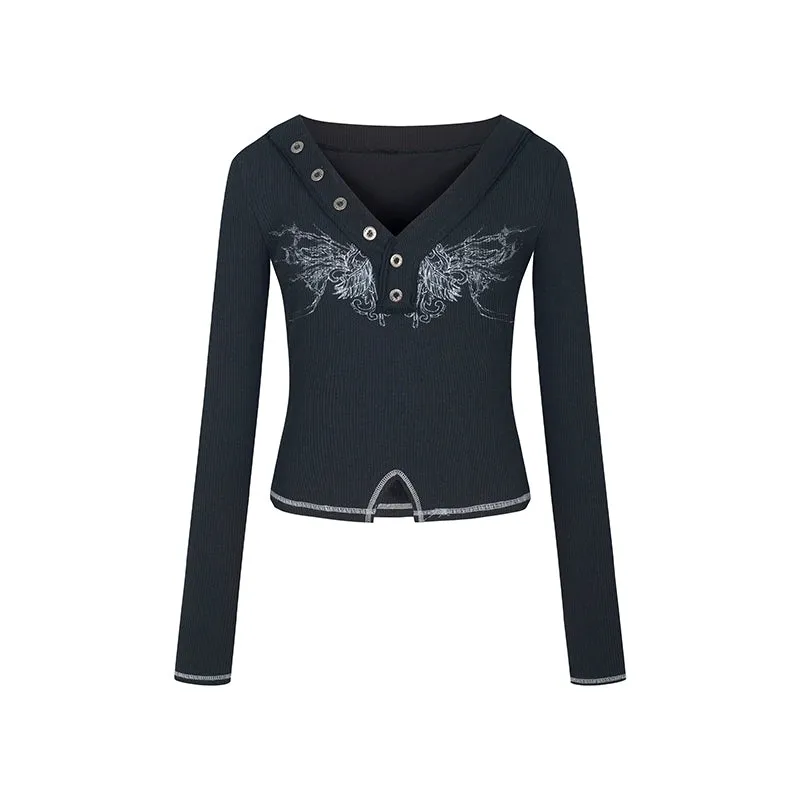 Printed V-neck Long-sleeved Short T-shirt