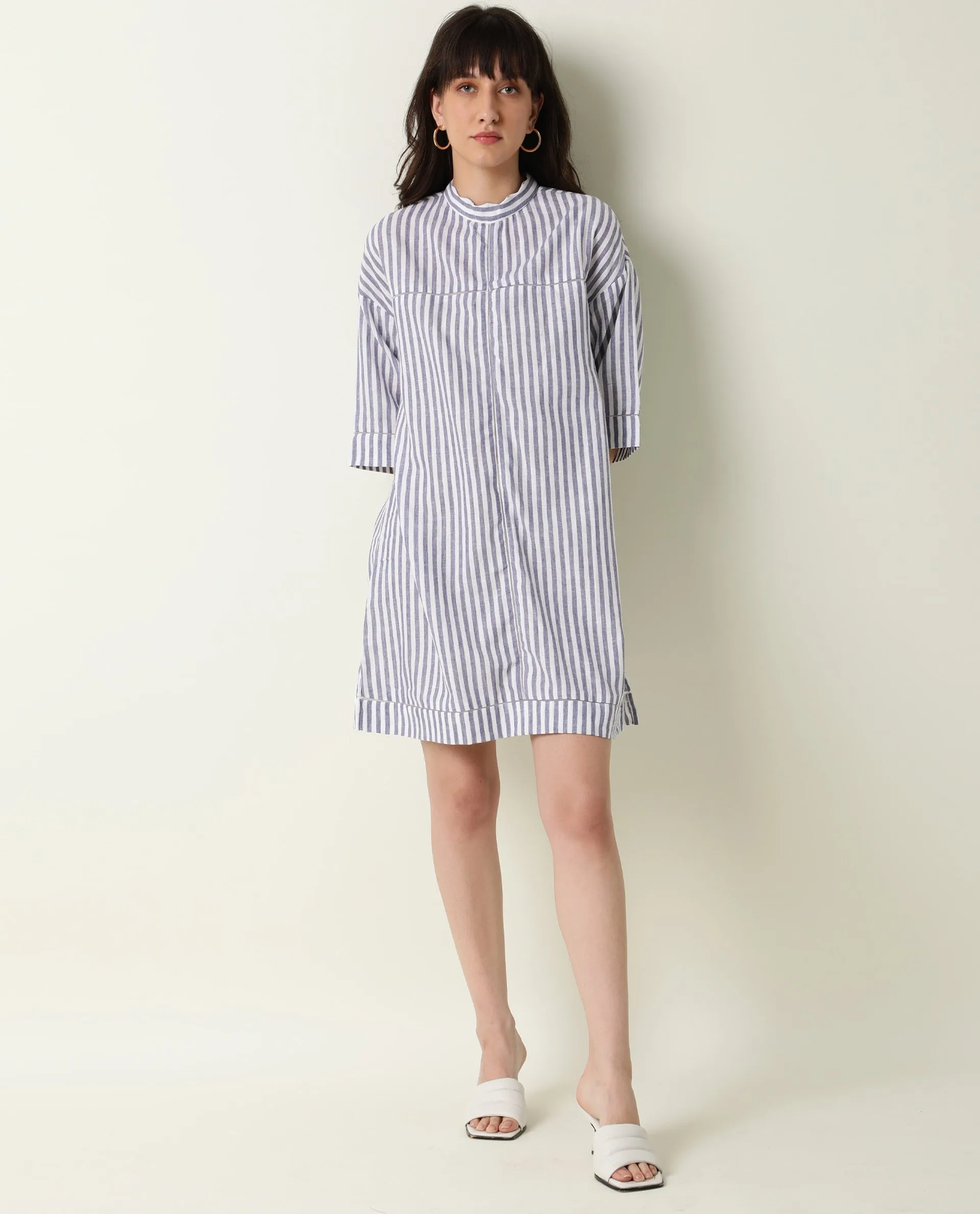 Rareism Women Abutilon Blue Striped Band Collar 3/4 Sleeves Mini Dress