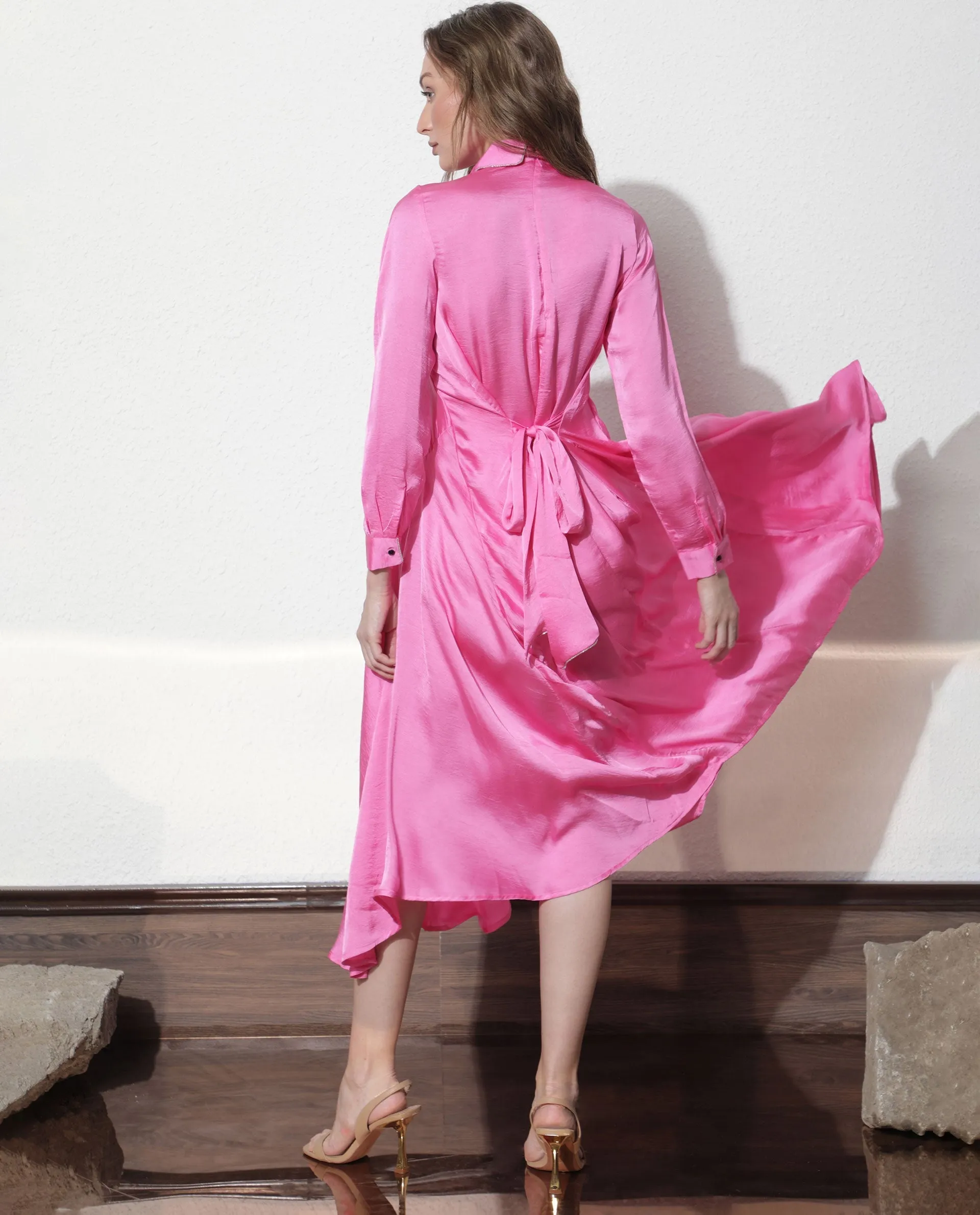 Rareism Women Galaxyy Fluorescent Pink Modal Fabric Full Sleeves Zip Closure Shirt Collar Regular Fit Plain Maxi Asymmetric Dres