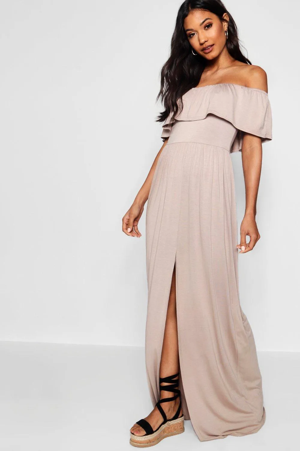Ruffle Bandeau Slip Front Maxi Dress