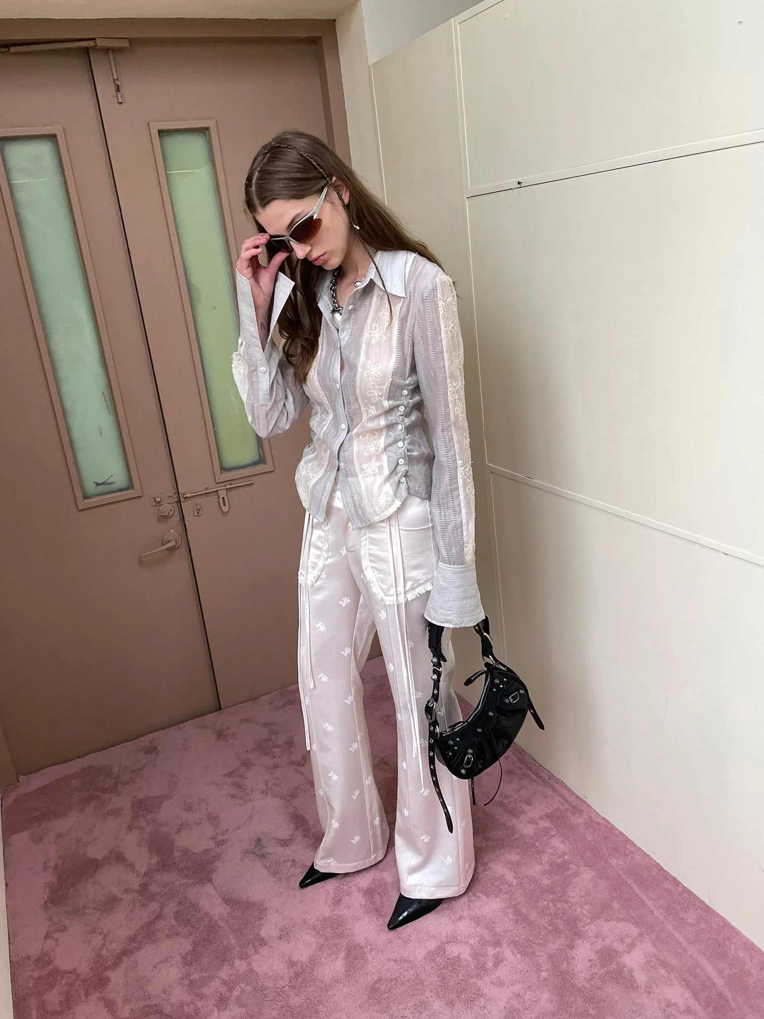 Sheer Lace Embroidery Feminine Shirt