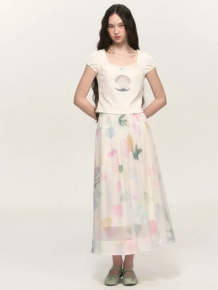 Shell Letter Print Puff Sleeve T-shirt