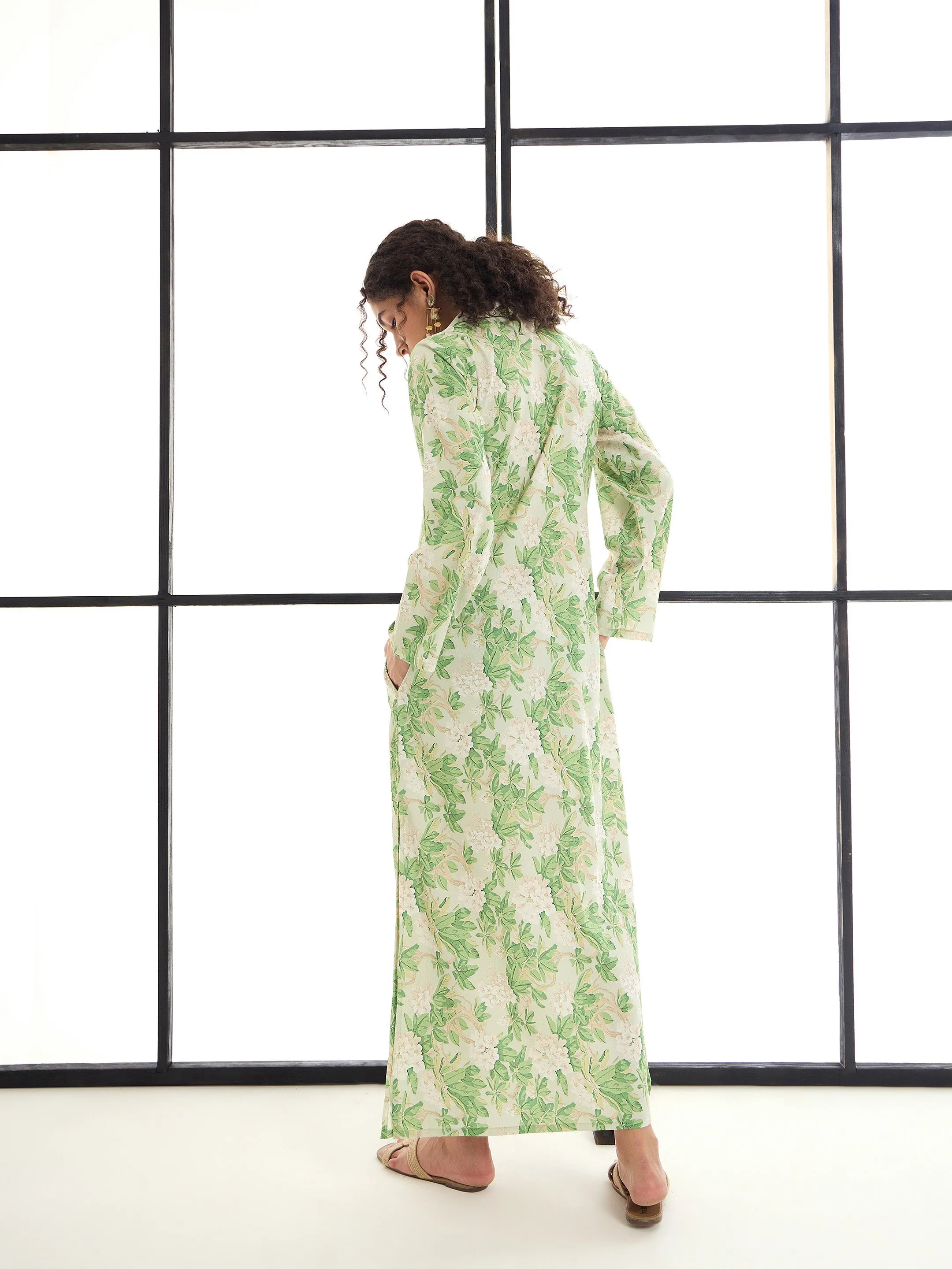 Women Green & Beige Floral Abaya Dress